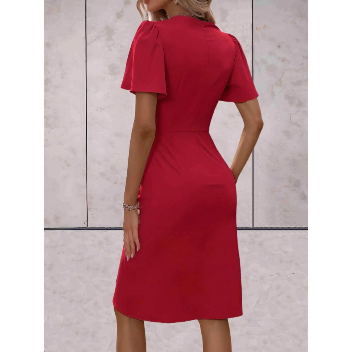 Evelina | Women's Wrap Midi Dress V-Neck Flutter Sleeve Belted Occasion Dress