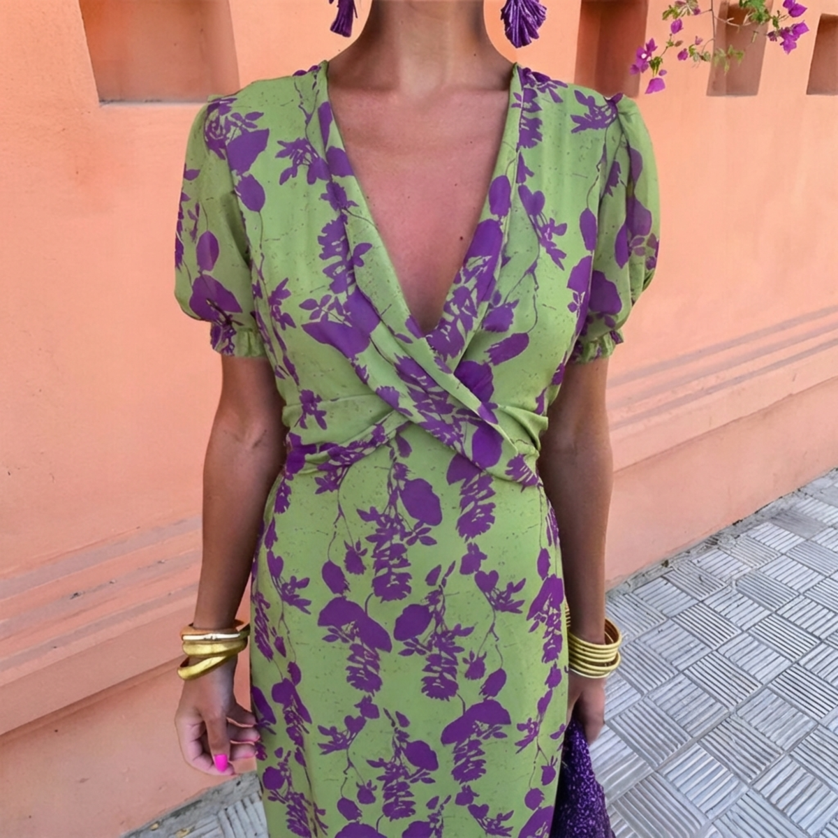 Ernestina™ | Tummy Flattering Long Floral Green Dress