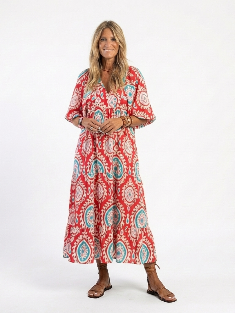 Zaria | Paisley Print V-Neck Midi Dress — Red — photo 1