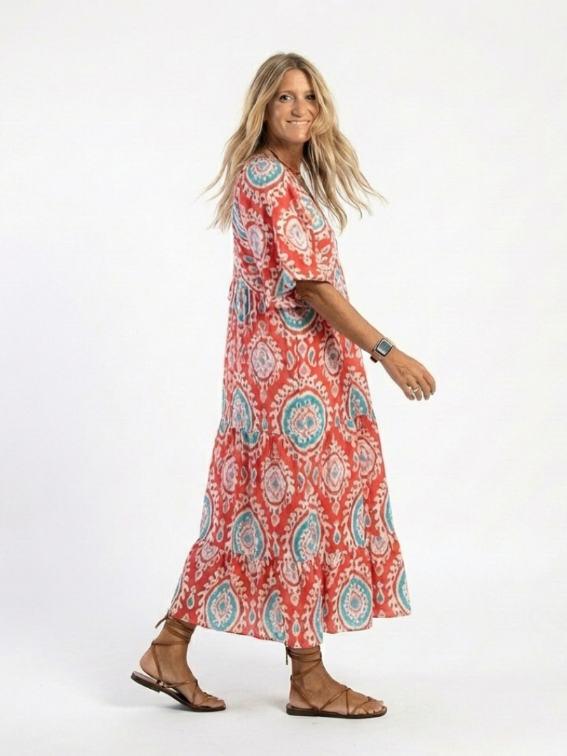 Zaria | Paisley Print V-Neck Midi Dress — Red — photo 2