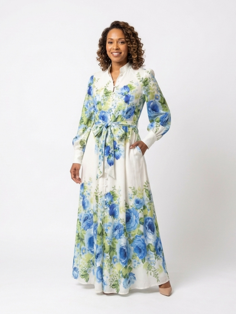 Harper | Long Sleeve Floral Button-Front Maxi Dress — Green — photo 4