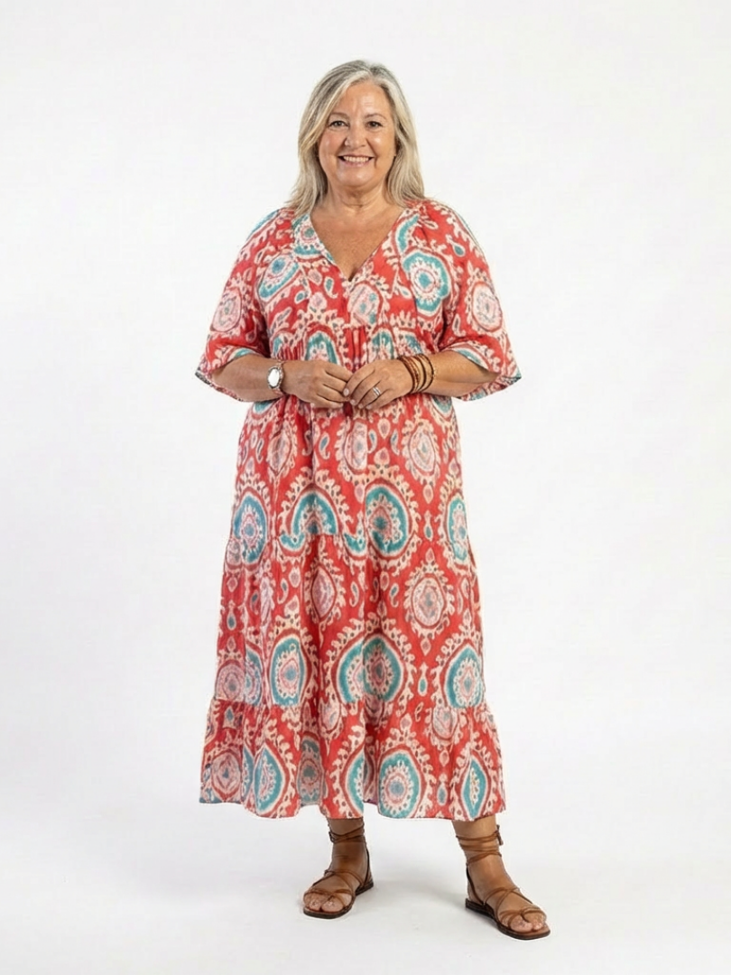 Zaria | Paisley Print V-Neck Midi Dress — Red — photo 5