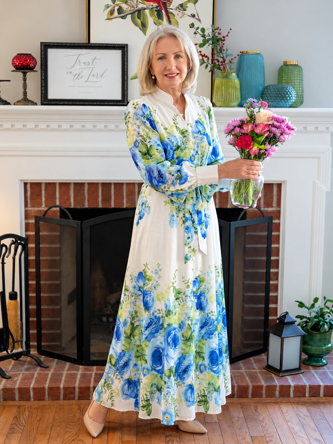 Harper floral maxi dress in green and blue — lifestyle photograph