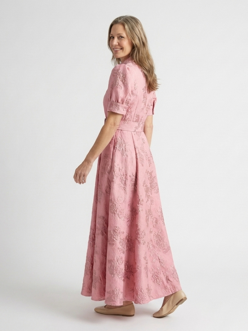 Xanthea | Belted Floral Textured Maxi Shirt Dress — Pink — photo 3