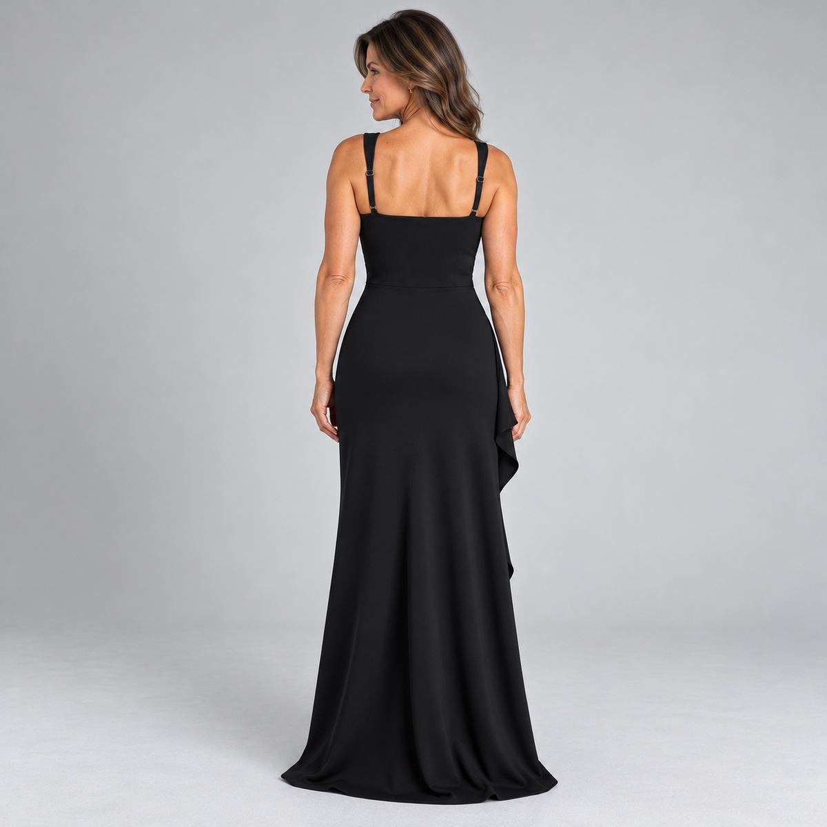 Celestine | black cascading ruffle maxi dress — back view
