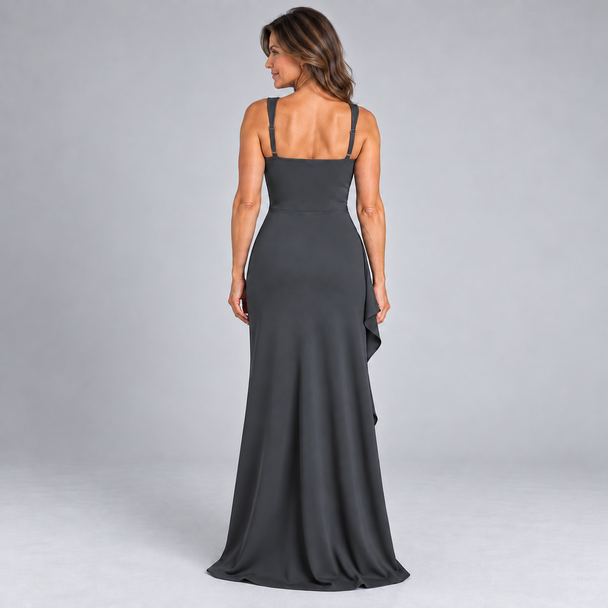 Celestine | grey cascading ruffle maxi dress — back view