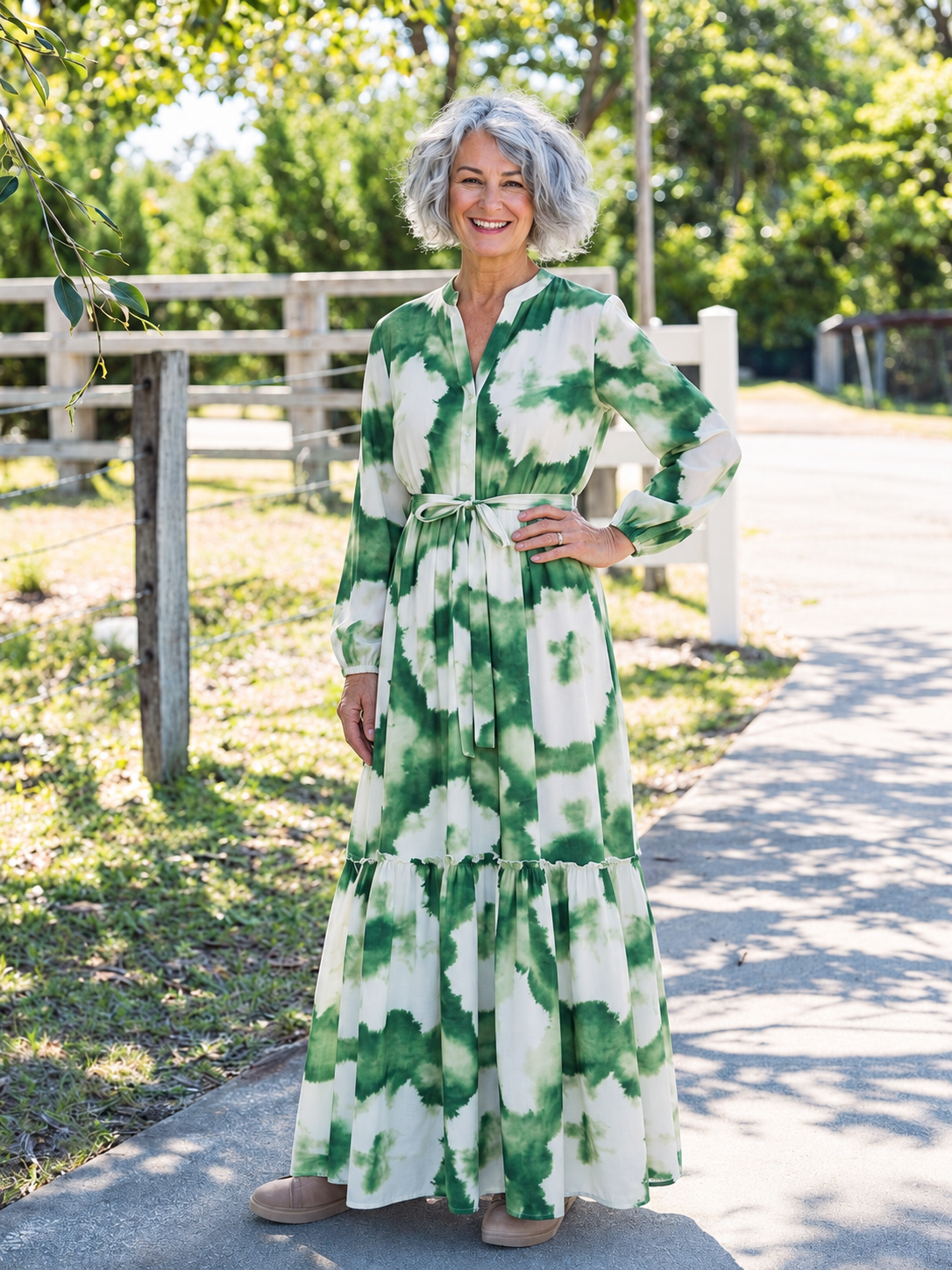 Sabine | Long Sleeve Tie-Waist Tiered Maxi Dress — Floral — photo 6