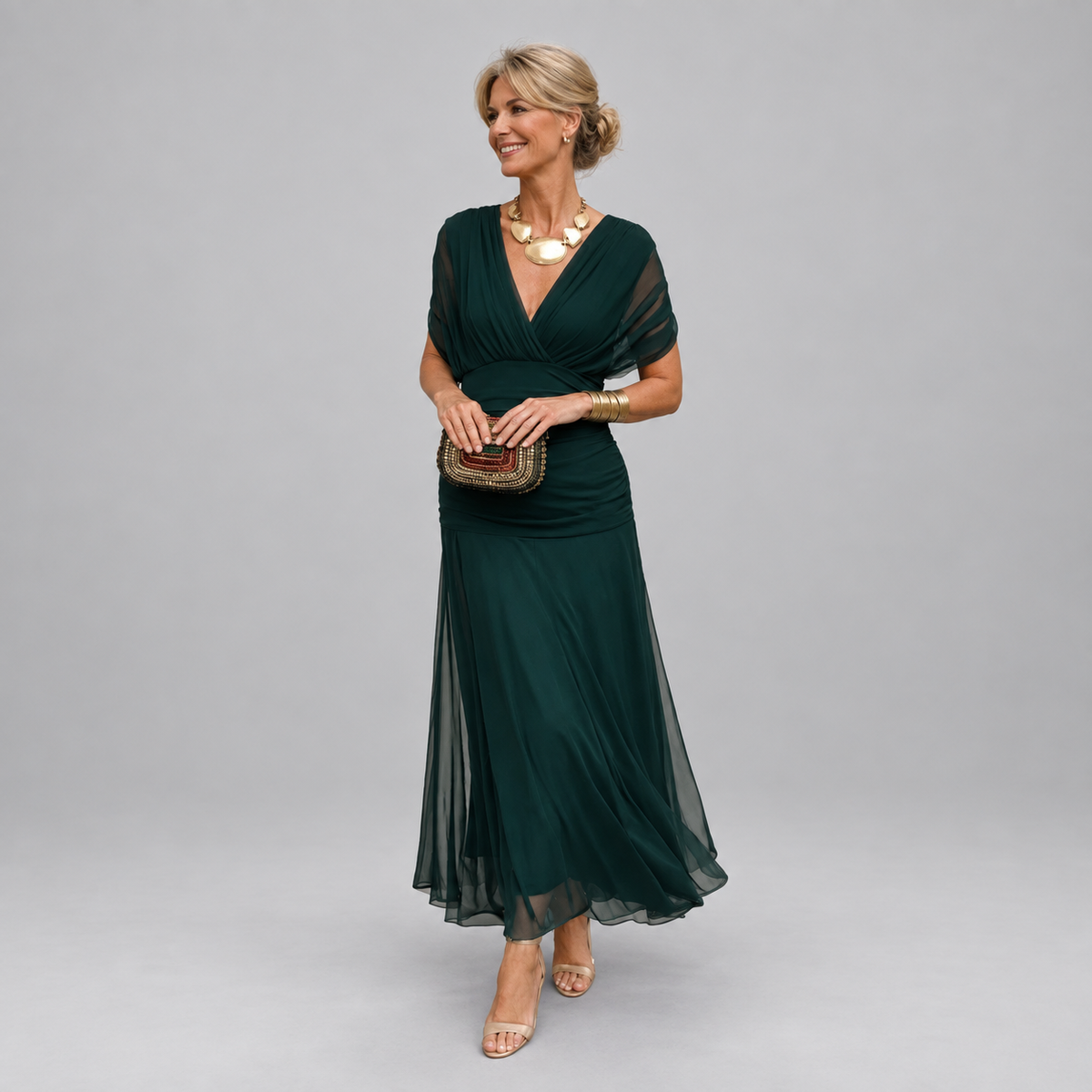 ELIZA™ – ELEGANT GREEN DRESS on a light grey studio background