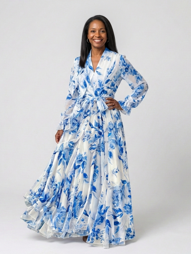 Lillian | Floral Long Sleeve Wrap Maxi Dress — Blue — photo 2