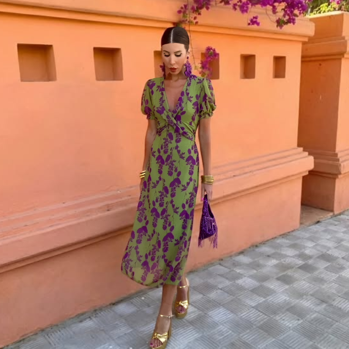 Ernestina™ | Tummy Flattering Long Floral Green Dress