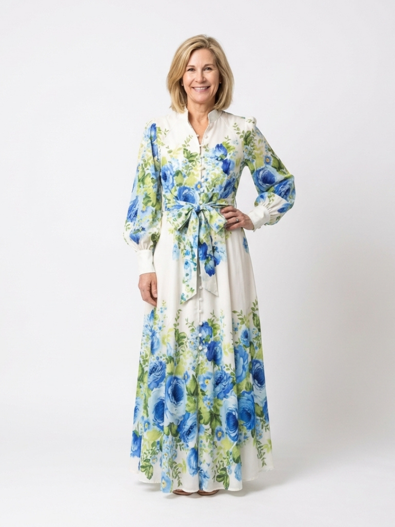 Harper | Long Sleeve Floral Button-Front Maxi Dress — Green — photo 1
