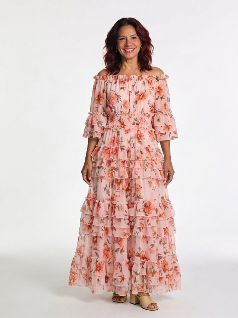 Rosalie | Off-Shoulder Floral Tiered Maxi Dress — Pink — photo 1