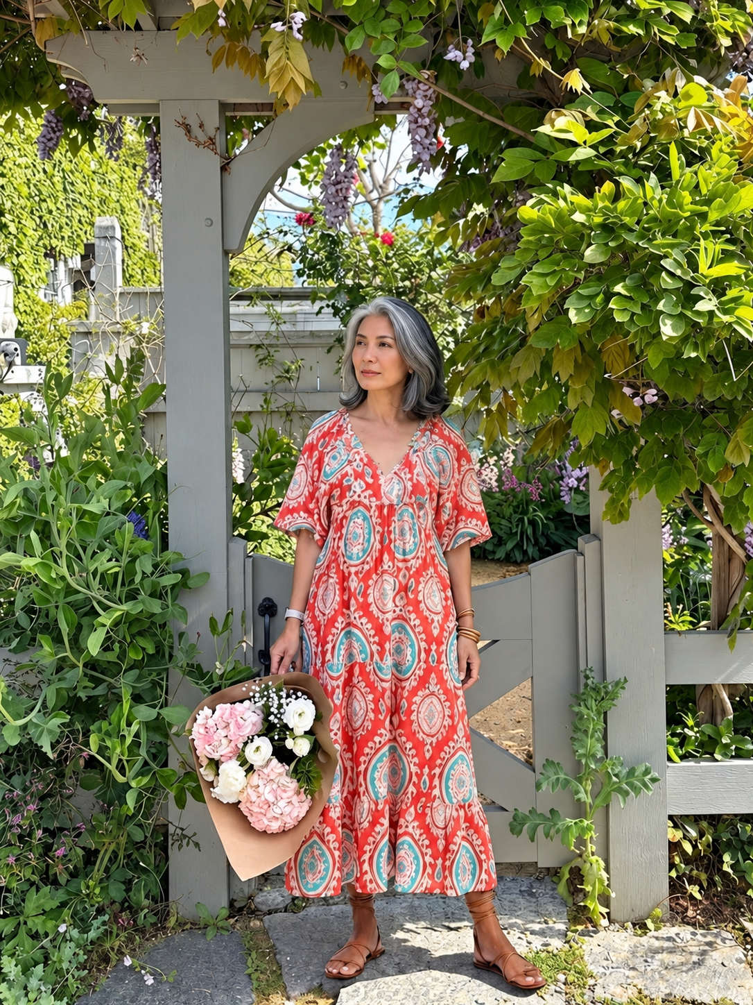 Zaria paisley midi dress in red — lifestyle photograph