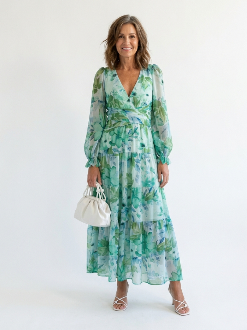 Althea | Long Sleeve Printed Maxi Dress — Green — photo 1