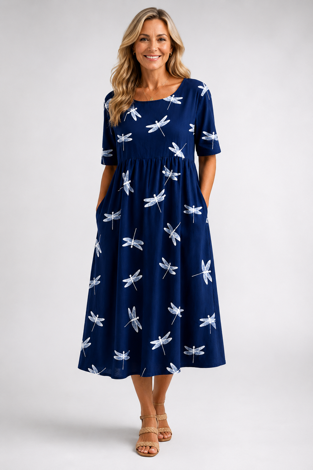 Evelina | Dragonfly Print Midi Dress — Navy — photo 1