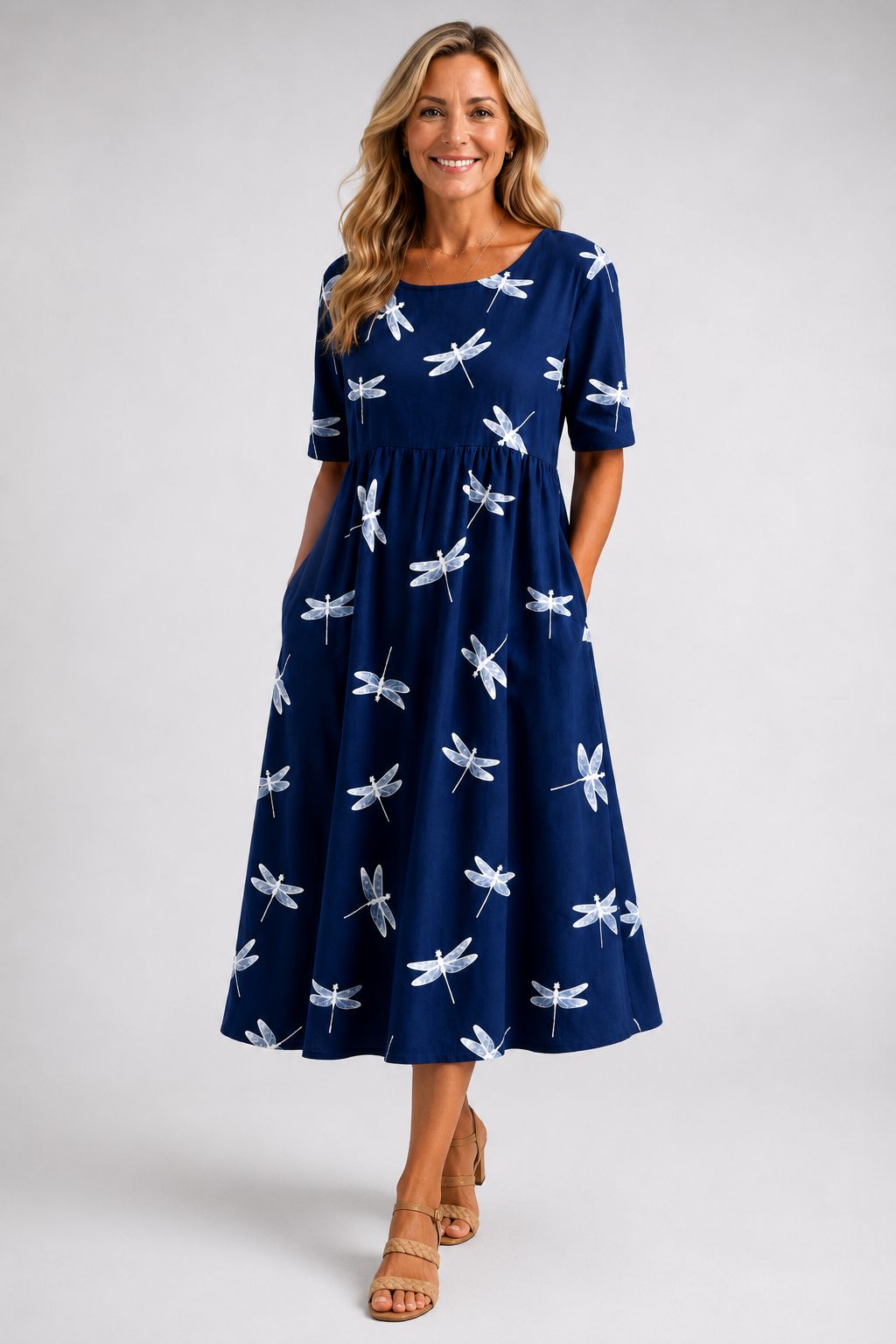 Evelina | Dragonfly Print Midi Dress — Navy — photo 2
