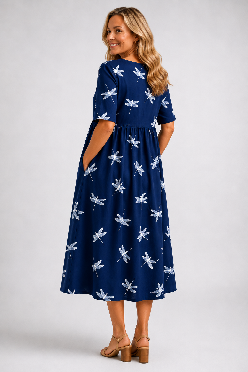 Evelina | Dragonfly Print Midi Dress — Navy — photo 3