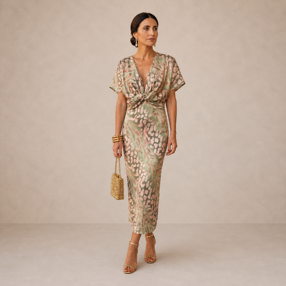 Higinia™ | Tummy Flattering Midi Dress Printed in Copper Tones