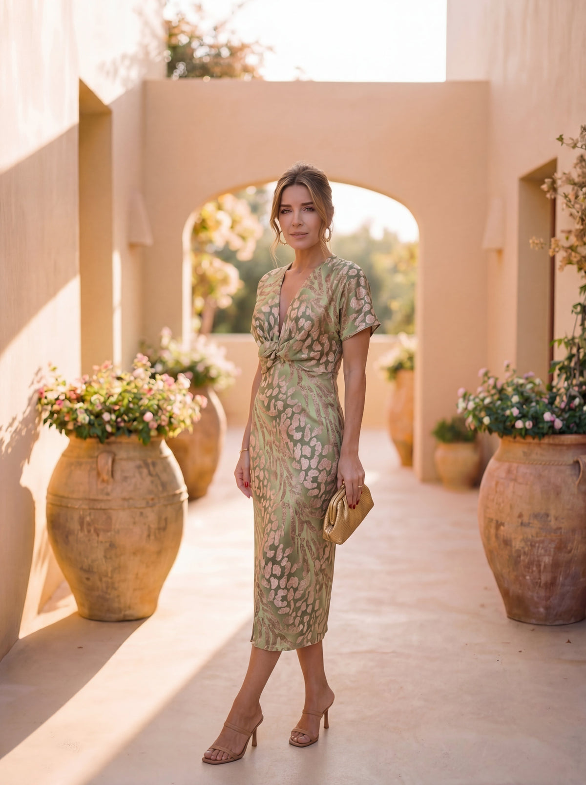 Higinia™ | Tummy Flattering Midi Dress Printed in Copper Tones