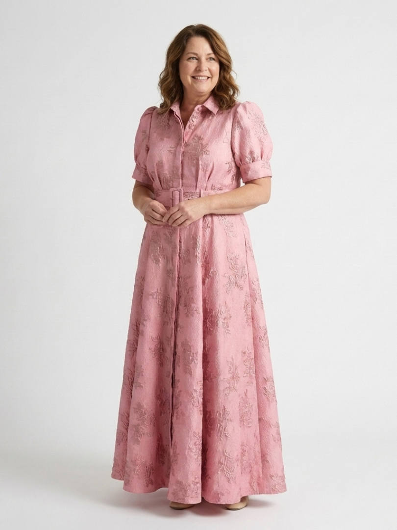 Xanthea | Belted Floral Textured Maxi Shirt Dress — Pink — photo 2