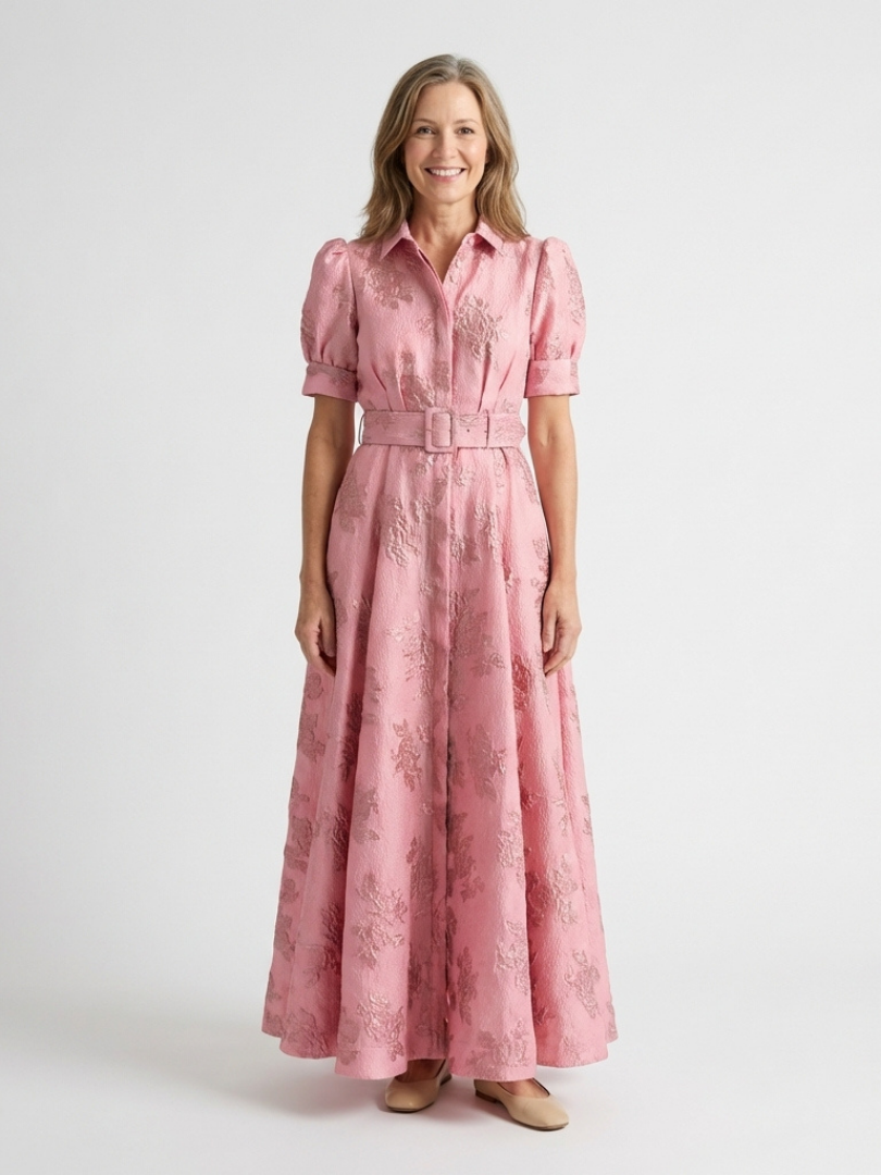 Xanthea | Belted Floral Textured Maxi Shirt Dress — Pink — photo 1