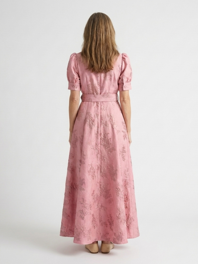 Xanthea | Belted Floral Textured Maxi Shirt Dress — Pink — photo 4