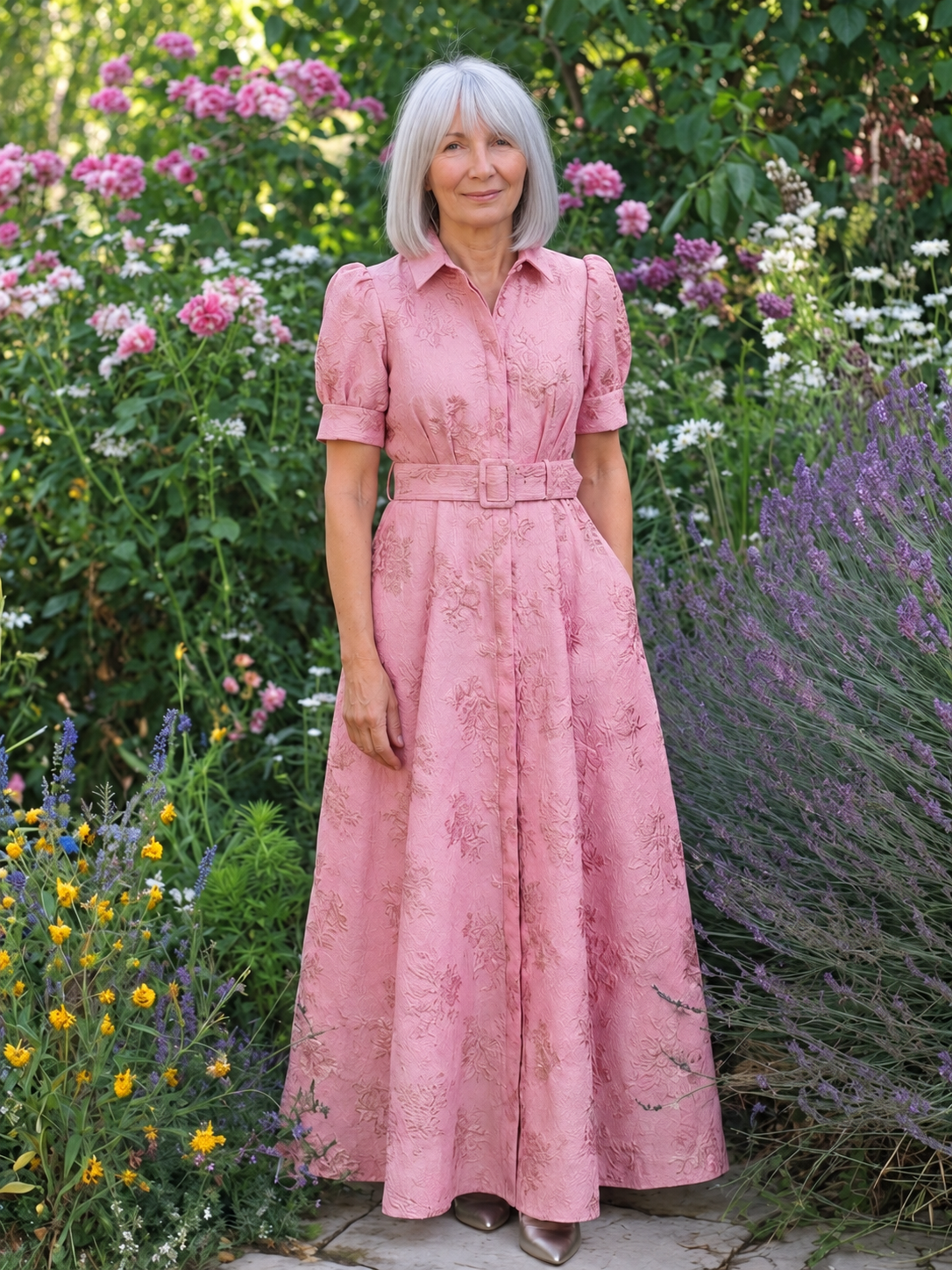 Xanthea | Belted Floral Textured Maxi Shirt Dress — Pink — photo 7