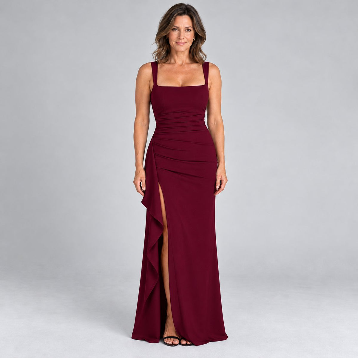 Celestine | Burgundy cascading ruffle maxi dress — front view
