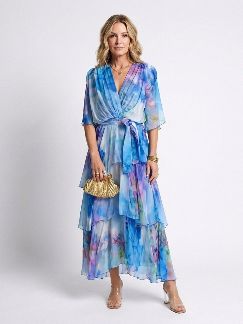 Calista | Layered V-Neck Tie-Waist Maxi Dress — Blue — photo 1