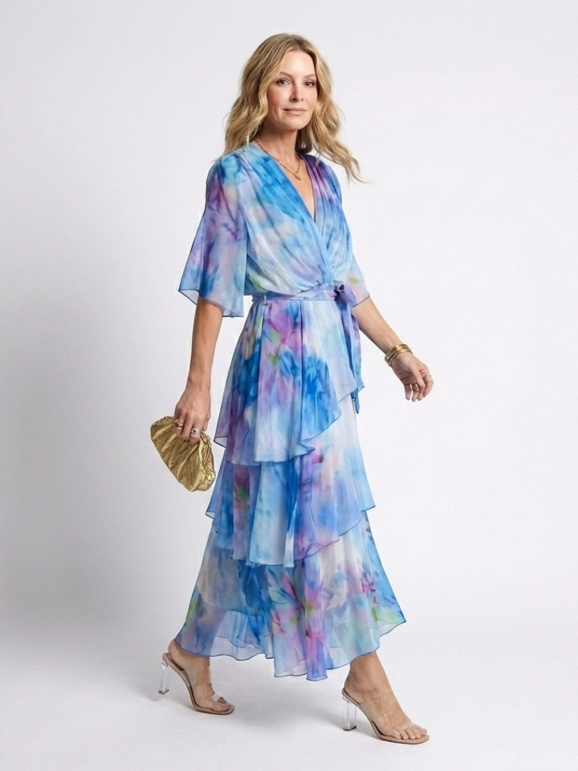 Calista | Layered V-Neck Tie-Waist Maxi Dress — Blue — photo 2