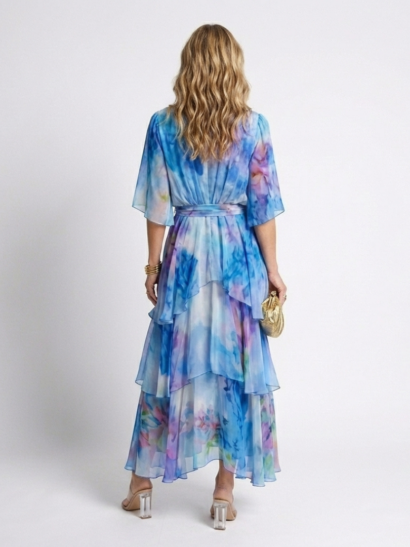 Calista | Layered V-Neck Tie-Waist Maxi Dress — Blue — photo 3