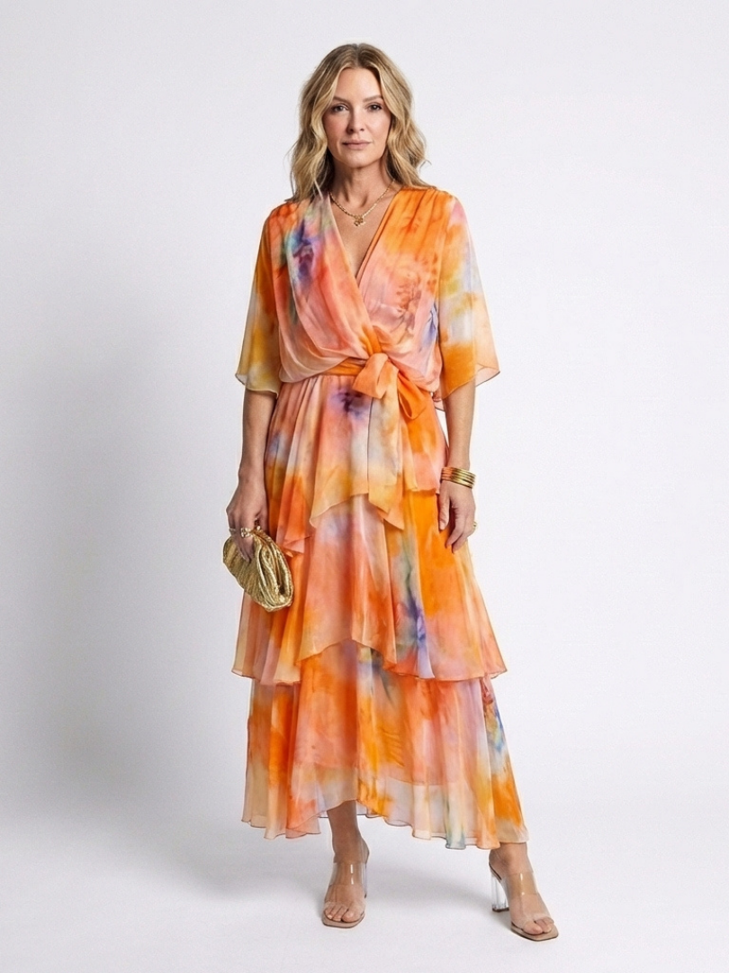Calista | Layered V-Neck Tie-Waist Maxi Dress — Orange — photo 7