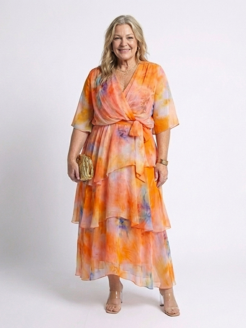 Calista | Layered V-Neck Tie-Waist Maxi Dress — Orange — photo 8