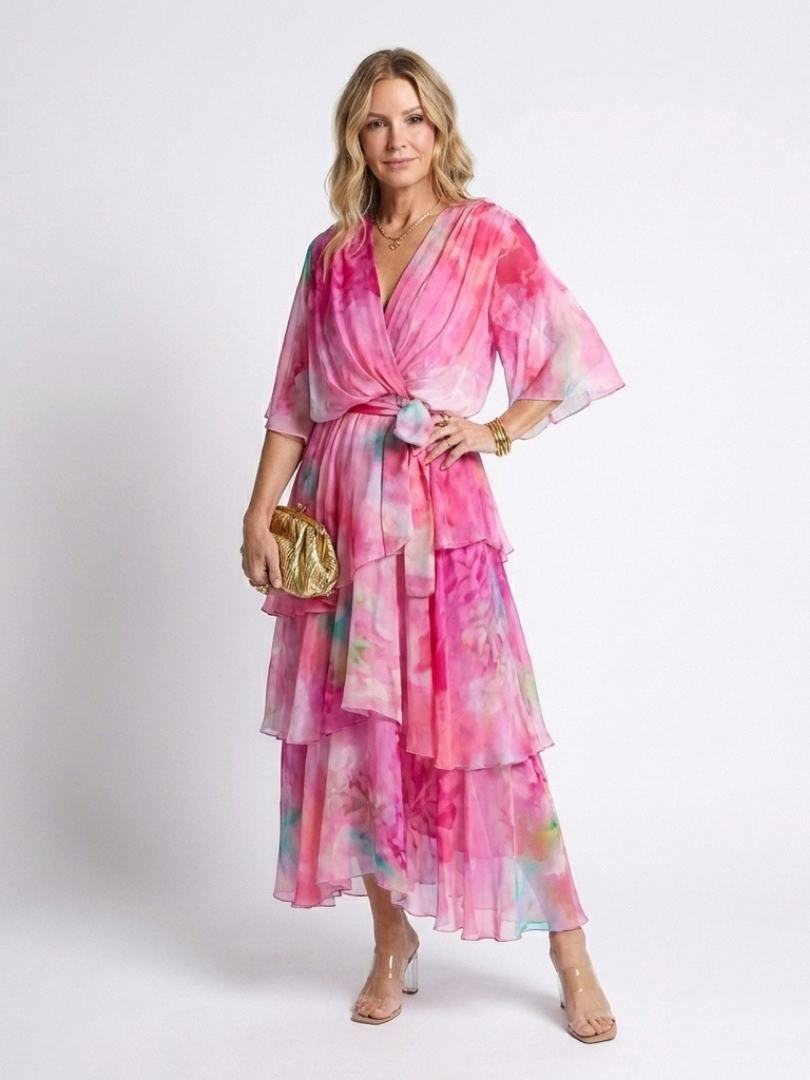Calista | Layered V-Neck Tie-Waist Maxi Dress — Pink — photo 5