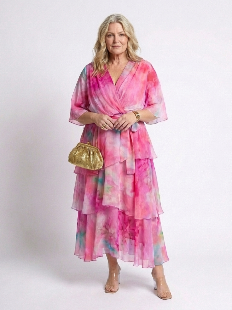 Calista | Layered V-Neck Tie-Waist Maxi Dress — Pink — photo 6