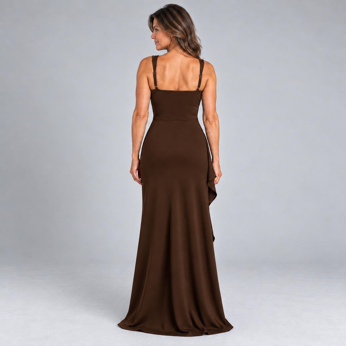 Celestine | brown cascading ruffle maxi dress — back view