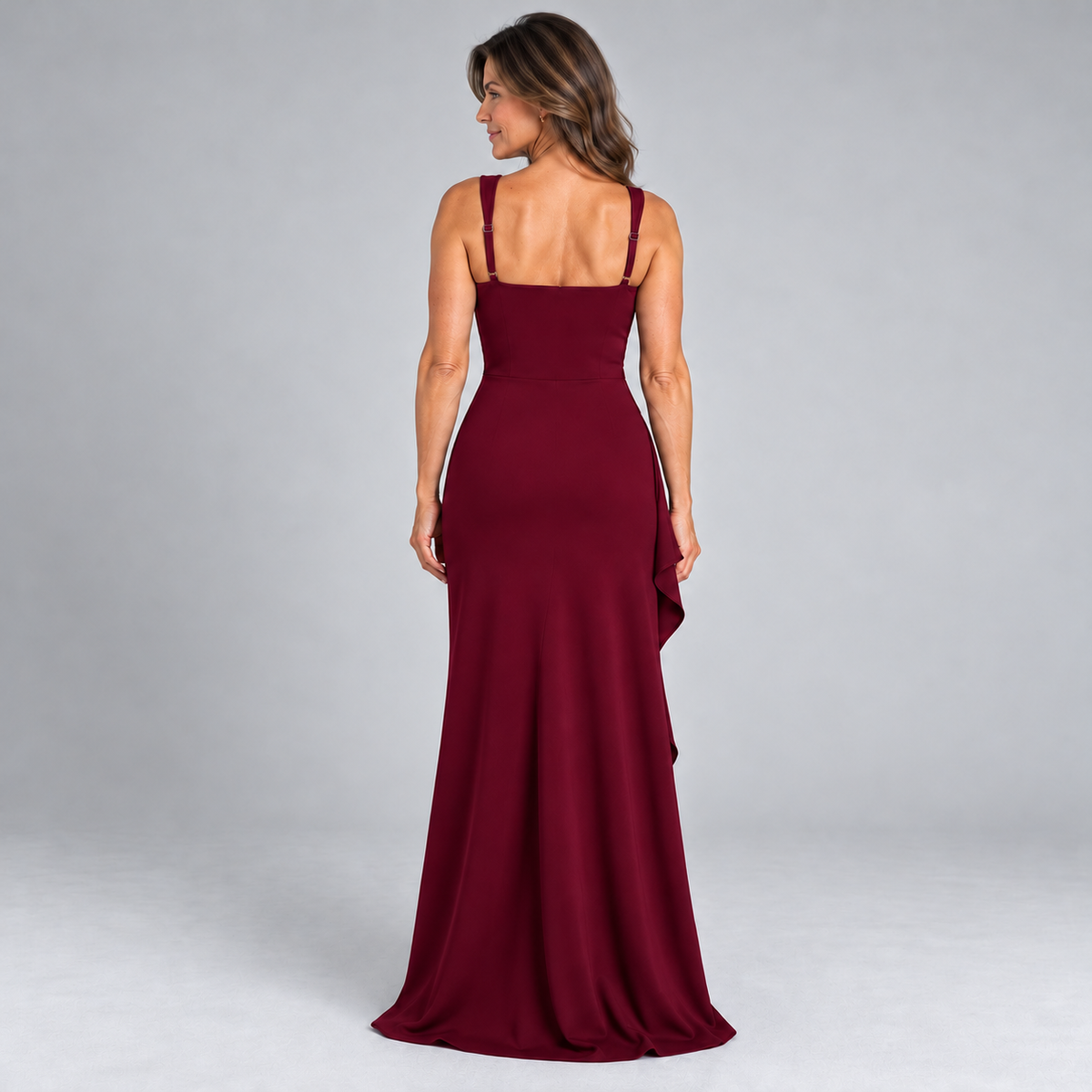 Celestine | burgundy cascading ruffle maxi dress — back view