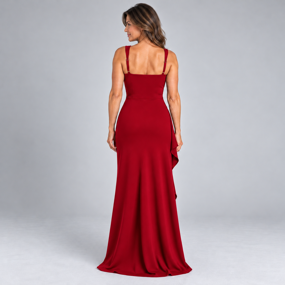 Celestine | red cascading ruffle maxi dress — back view