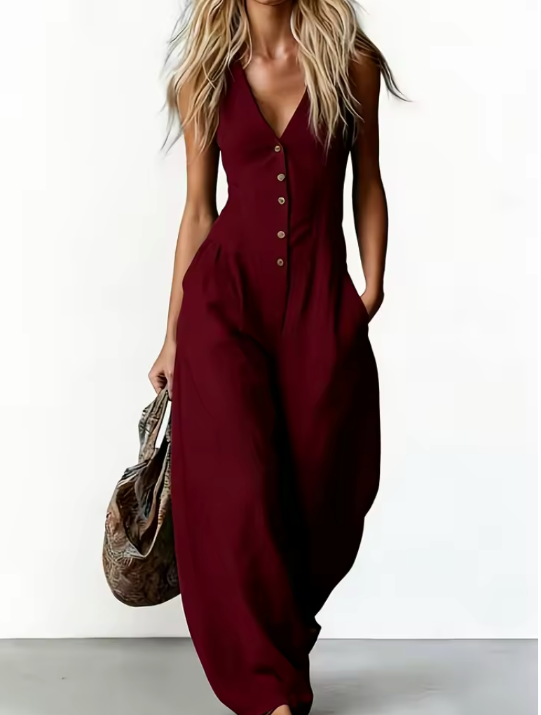 Elara button-front jumpsuit in burgundy