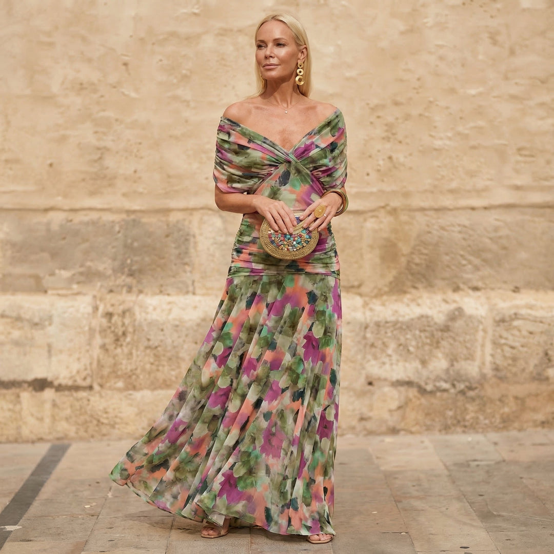 Ignacia™ | Tummy Flattering Long Pleated Floral Dress
