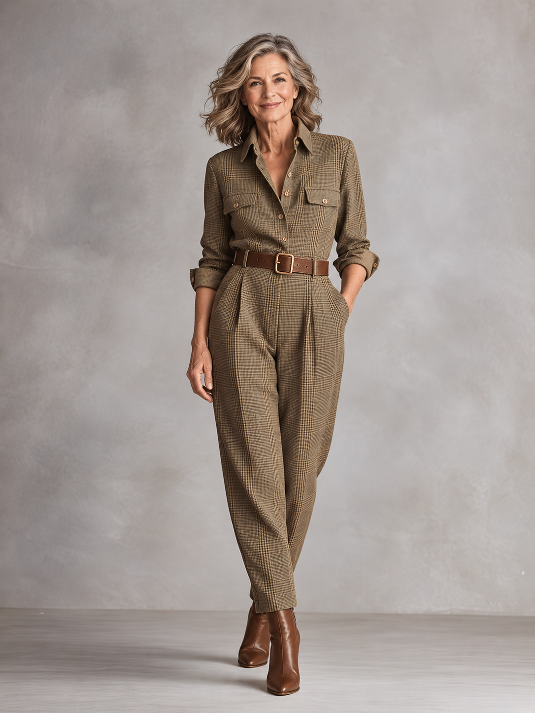 Vivienne plaid utility jumpsuit in brown, view 1. Belt not included.