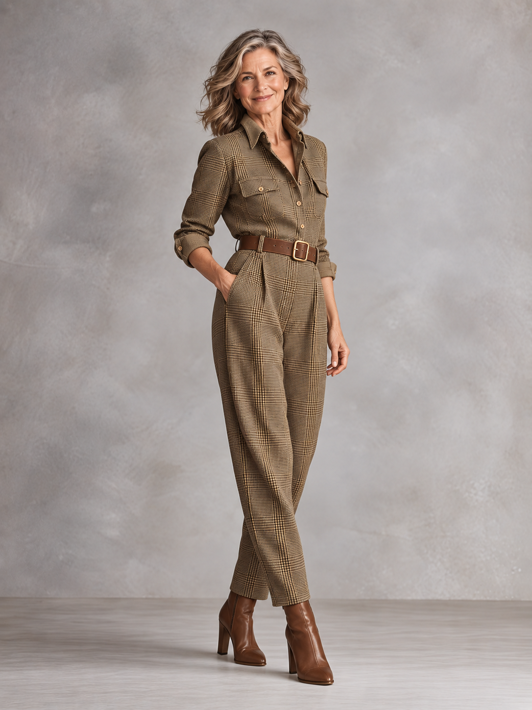 Vivienne plaid utility jumpsuit in brown, view 2. Belt not included.