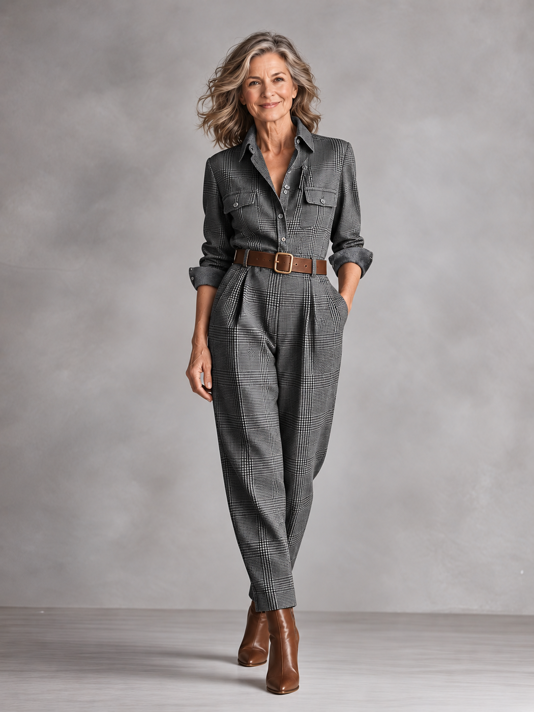 Vivienne plaid utility jumpsuit in grey, view 1. Belt not included.